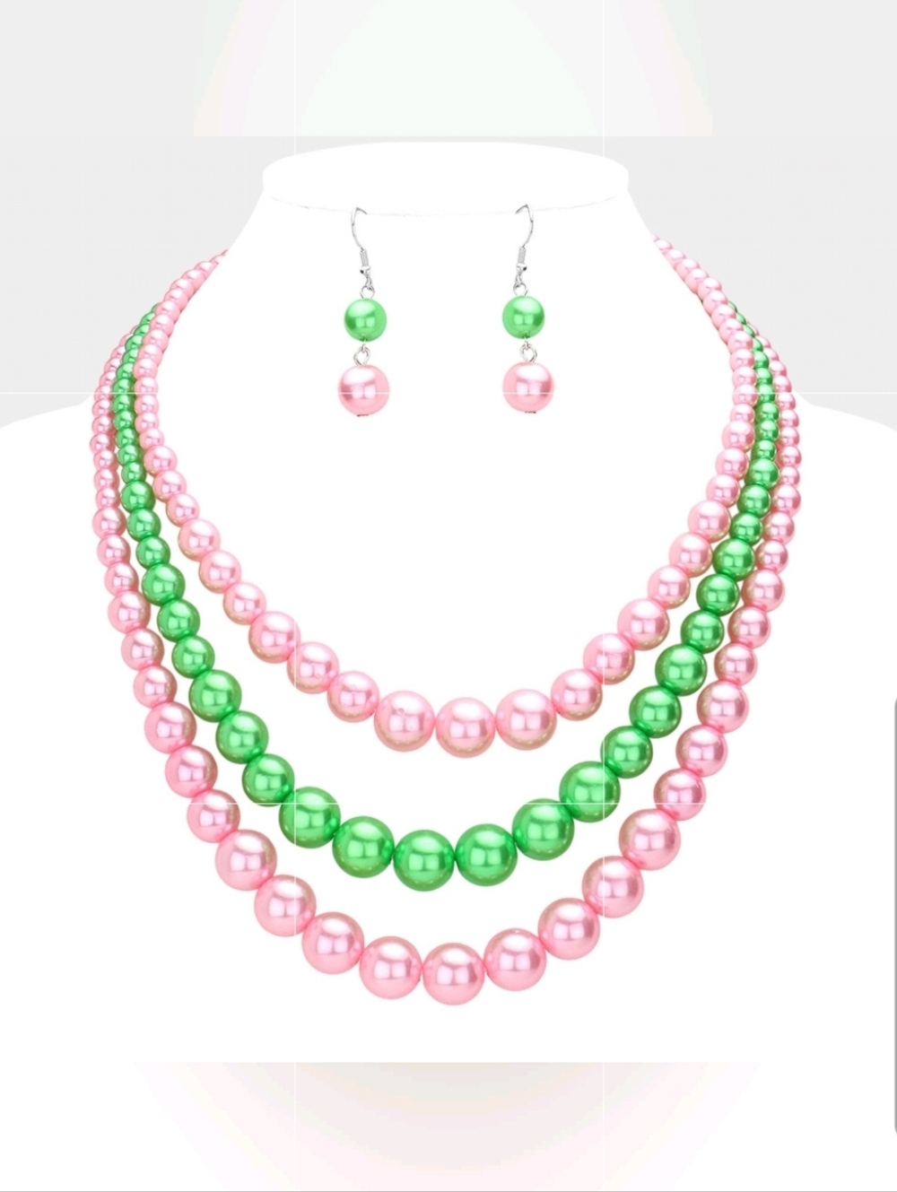 Pink & Green Pearls Triple Strand Layered Necklace Set 3 Row 2 Tone Design